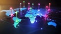Colorful Pins on Glowing World Map Global Network Connection