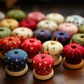 Colorful pins and needles arranged on a table