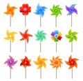 Colorful pinwheel summer toys. Cartoon paper windmills. Different shapes. Quantity vane. Kids origami. Rotated fans Royalty Free Stock Photo