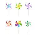 Colorful pinwheel toys set. Wind spinning toy made of plastic or paper on stick for kids cartoon vector illustration Royalty Free Stock Photo