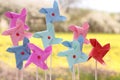 Colorful pinwheels on nature background Royalty Free Stock Photo