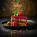 Colorful pistachio and raspberry layer cake with raspberry drizzle Royalty Free Stock Photo