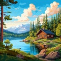 Colorful Pixel-art Cabin Painting With Naturalistic Landscape Background