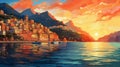 Colorful Pixel-art Sunset: A Charming Italian Town At Dusk Royalty Free Stock Photo