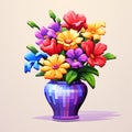 Colorful Pixel Flowers In A Blue Vase - Vibrant And Unique Floral Arrangement