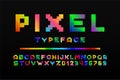 Colorful pixel font - video game style. Trendy english alphabet. Latin letters and numbers - holographic gradient design