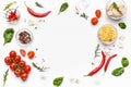 Colorful pizza ingredients on white background, top view Royalty Free Stock Photo