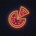 Colorful pizza neon icon in vintage style on light background. Vector illustration