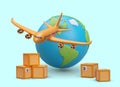 Colorful placard with big planet Earth, yellow airplane and different parcels Royalty Free Stock Photo