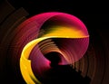 Colorful planes located in a circle, wavy and straight intersect and occupy a black background diagonally.