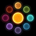 Colorful planets circle a bright sun in space. Royalty Free Stock Photo