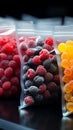 Colorful plastic bags house a selection of frozen berries on a store shelf Royalty Free Stock Photo