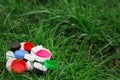 Colorful plastic bottle caps on the green grass. Volunteer charity event