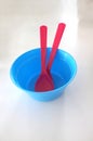 Colorful plastic bowl and Cutlery for a child Royalty Free Stock Photo