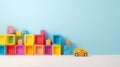Colorful plastic bricks for kid, toddler, education and learning, toy shop, flat lay, copy space on blue background
