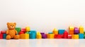 Colorful plastic bricks for kid, toddler, education and learning, toy shop, flat lay, copy space on white background