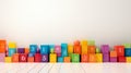 Colorful plastic bricks for kid, toddler, education and learning, toy shop, flat lay, copy space on white background