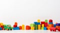 Colorful plastic bricks for kid, toddler, education and learning, toy shop, flat lay, copy space on white background