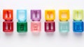 Colorful plastic bricks for kid, toddler, education and learning, toy shop, flat lay, copy space on white background