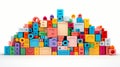 Colorful plastic bricks for kid, toddler, education and learning, toy shop, flat lay, copy space on white background