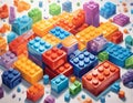 Colorful plastic building blocks scattered on a white background