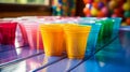 Colorful Plastic Cups on a Party Table. Generative ai Royalty Free Stock Photo