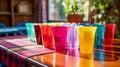 Colorful Plastic Cups on a Party Table. Generative ai Royalty Free Stock Photo