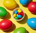 Colorful plastic Easter eggs are scattered on a vibrant yellow surface. Royalty Free Stock Photo