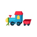 Colorful plastic locomotive on wheels with little wagon. Children s toy train. Flat vector icon for kids web store and Royalty Free Stock Photo