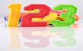 Colorful plastic numbers 123 with reflection on white Royalty Free Stock Photo