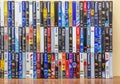 Colorful plastic and paper cases with VHS videotapes Royalty Free Stock Photo