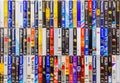 Colorful plastic and paper cases with VHS videotapes Royalty Free Stock Photo