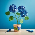 Colorful Plastic Pot With Blue Flowers: A Playful And Artistic Home Decor