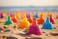 Colorful plastic sand toys on summertime beach. Generate Ai