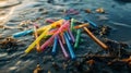 Colorful Plastic Straws Littered on a Beach Royalty Free Stock Photo
