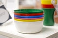 Colorful plastic tableware for parties, camping, children Royalty Free Stock Photo