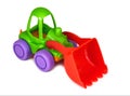 Colorful plastic toy wheeled tractor loader excavator, isolated