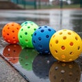 Colorful plastic whiffle balls sit on a wet reflective pavement outdoors Royalty Free Stock Photo