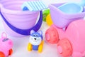 Colorful plastic and wooden toys in baby room Royalty Free Stock Photo