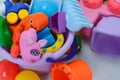 Colorful plastic and wooden toys in baby room Royalty Free Stock Photo