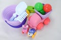 Colorful plastic and wooden toys in baby room Royalty Free Stock Photo