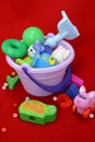 Colorful plastic and wooden toys in baby room Royalty Free Stock Photo