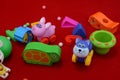 Colorful plastic and wooden toys in baby room Royalty Free Stock Photo