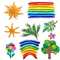 Colorful plasticine 3D nature objects icons isolated on white background