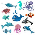 Colorful plasticine 3D sea animals icons set isolated on white background