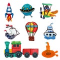 Colorful plasticine 3D transport game icons set isolated on white background