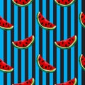 Colorful plasticine handmade 3D watermelon pieces seamless pattern on stripped background