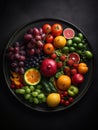 Colorful plate of fresh fruit and vegetables. Big black plate of healthy food on a black backdrop. Top view. Generative AI Royalty Free Stock Photo