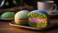 A colorful plate of indulgent French desserts on rustic wood generated by AI