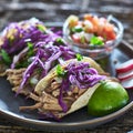 Colorful plate of three mexican carnitas street tacos